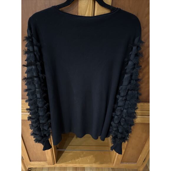 Sioni Milano Black Top With Tassel Fringe Sheer Detailed Sleeves Size 2X New - Picture 6 of 6